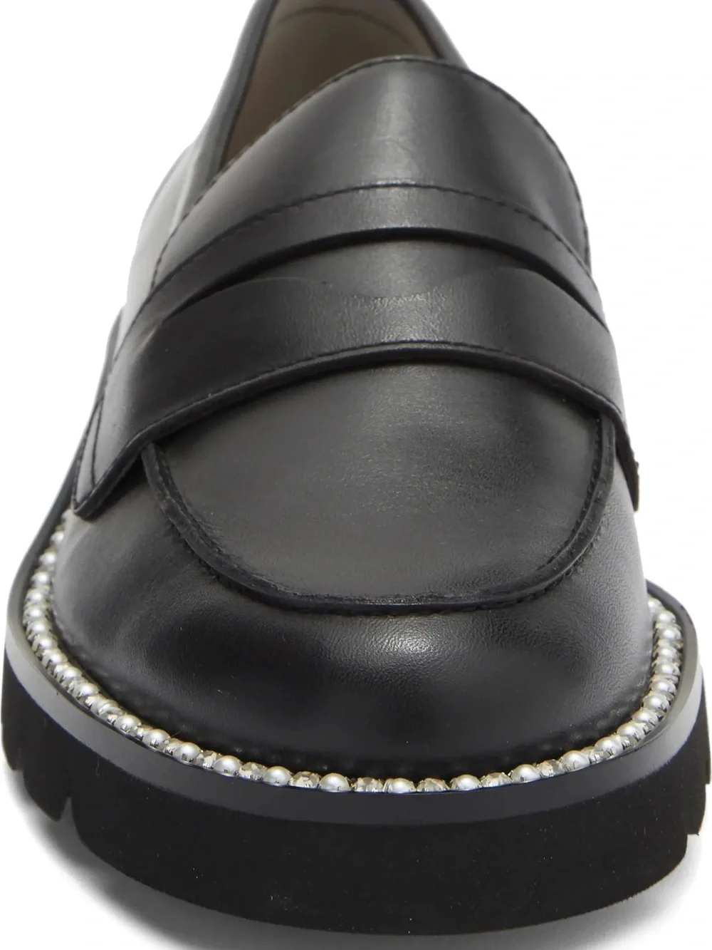 Stuart Weitzman Monty Black Leather Pearl Trim Penny Loafers Size 7.5 NWOB